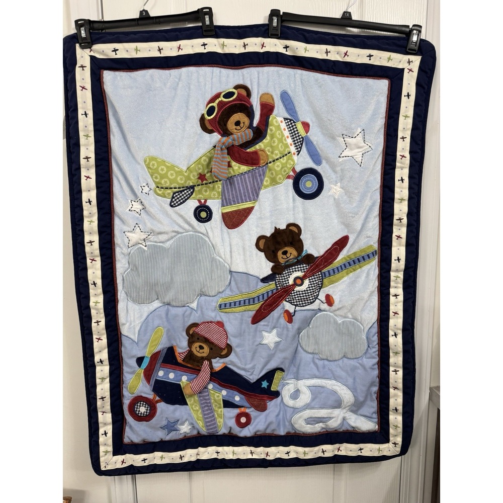 Lambs & Ivy Teddy Bear Aviator Pilot 3D Baby Quilt Comforter Airplane Aviation